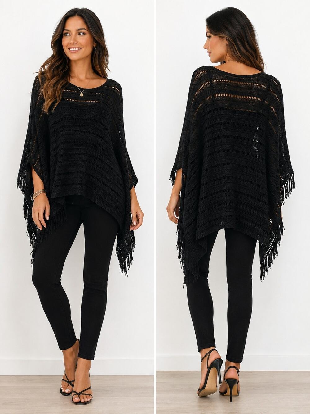 Ralph Lauren Pointelle Fringe Poncho Sweater Black Women’s Knit One Size